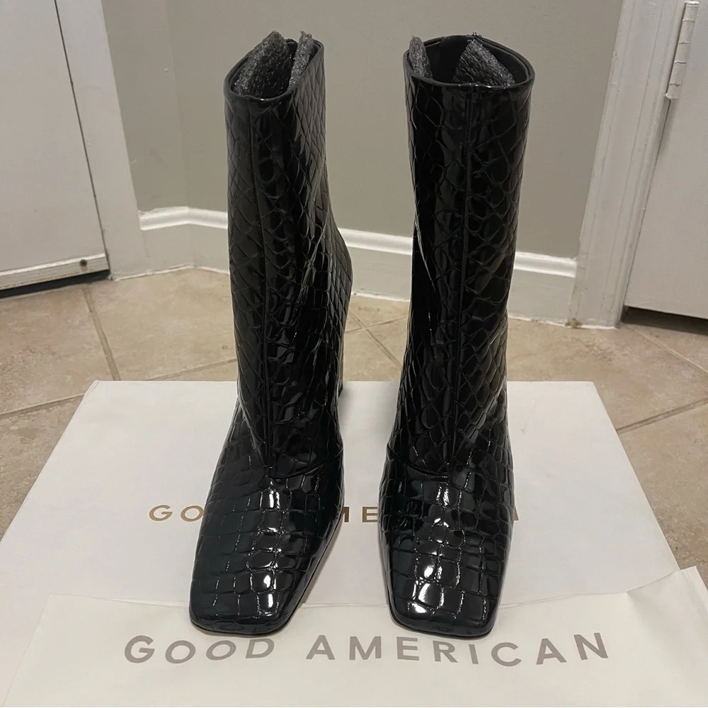 Good American Croc Embossed Square Toe Ankle Boot Patent Black